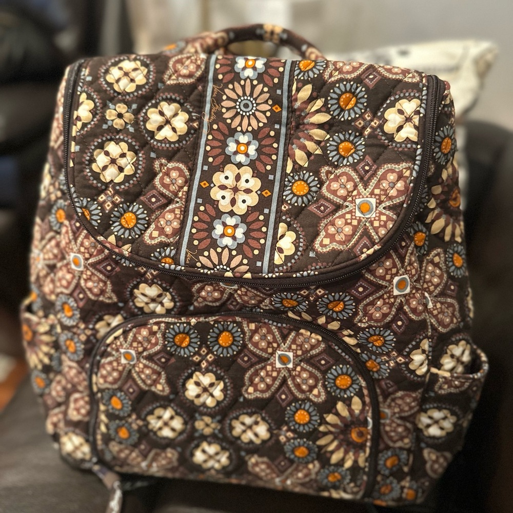 Vera Bradley Brown and Cream Floral Backpack Double Zip - Picture 2 of 6